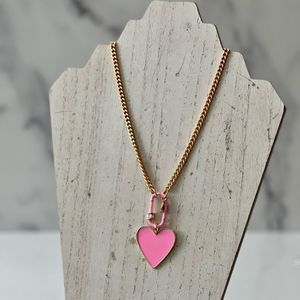 Pink Heart Pendant with Carabiner and Gold Chain